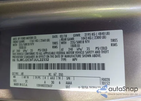 2018 Lincoln Mkc Select из США, поврежденный, VIN 5LMCJ2C97JUL22332